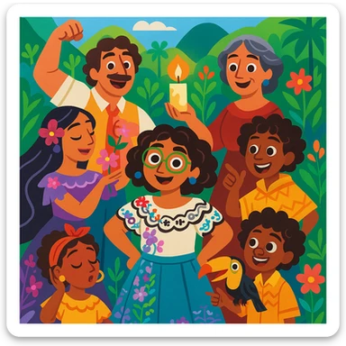 Encanto family group, stylized cartoon, each member showing their magical power, lush Colombian background, cheerful expressions sticker