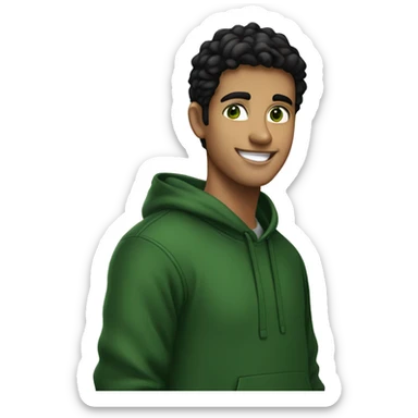 A young man with black hair and green eyes. Wearing a dark green hoodie. Smiling. sticker
