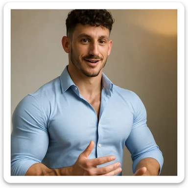 Create a realistic man with a face inspired by the provided photo, but with a muscular body: well-developed and prominent chest and biceps. The face should resemble the photo, while the body should be athletic and defined. The style should be realistic with a positive and motivational atmosphere. sticker