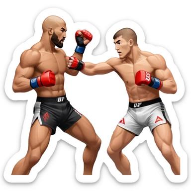 Two MMA fighters in the octagon, one delivering a strong punch while the other defends with a guard. The background shows the UFC octagon with the crowd in the distance. Transparent background emphasizes the dynamic intensity and skill of mixed martial arts. sticker