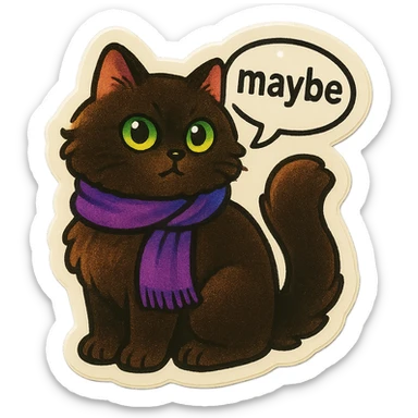 Fluffy dark-brown cat with green eyes and a purple scarf saying ‘maybe’ (with a speech bubble) sticker