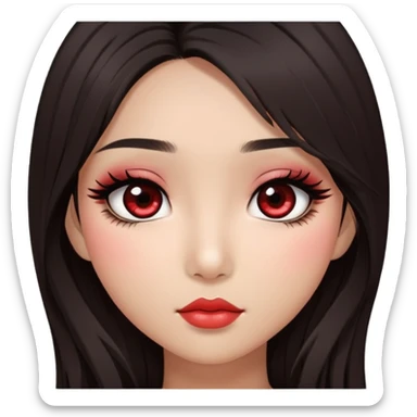 Asian girl with very long shaggy deep dark brown hair, big dark eyes. long lower lashes, red blush, simple dark makeup. sticker