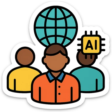 online community symbol for managers navigating AI changes, combining people, a globe or network, and a small AI element like a microchip or robot face sticker