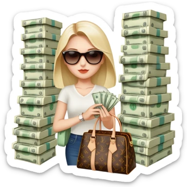 Old money women with sunglasses and Luis Vuitton bag and lots of money  sticker