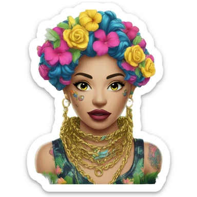 Trendy lady tropical multicoloured baroque hoodie with tattoos and gold chain sticker