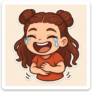 Create a chibi sticker of the girl from the reference image. She is laughing hard, holding her stomach, tears of laughter, joyful and lively, with her signature double bun hairstyle. sticker