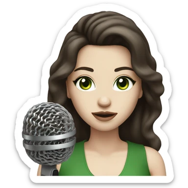 A pop singer with a microphone, dark brown hair and pale skin and green eyes sticker