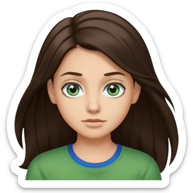 long dark brown hair with highlights in the front, big blue eyes clear skin with neck and green top on sticker