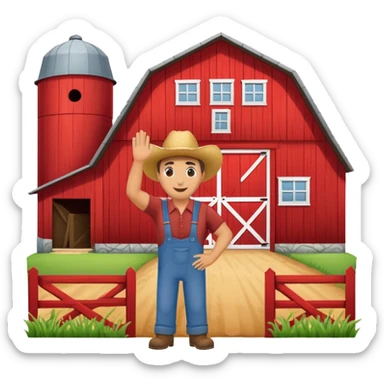a farmer waving in front of a red barn sticker