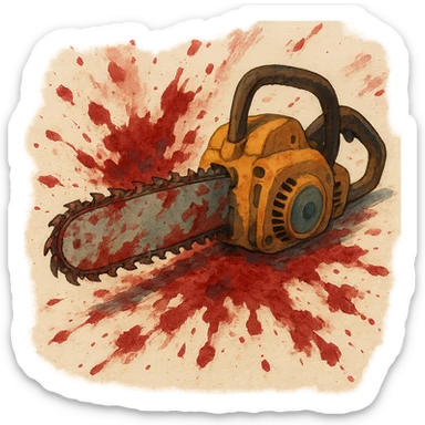ghibli style chainsaw with artistic blood splatter, painterly look sticker