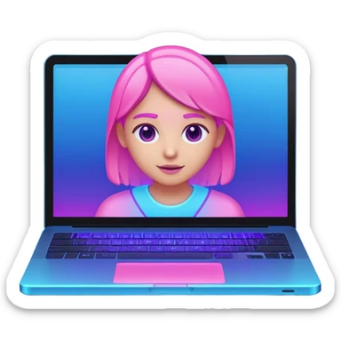 laptop computer with video call showing a person on screen, pink and light blue interface, with neon glow lines, blue neon light on top left, purple neon light on bottom right sticker