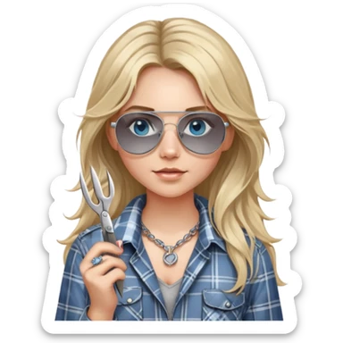 girl with long blond messy hair wearing grey plaid shirt with blue eyes and aviator sunglasses wearing a ring on her silver necklace, holding scissors sticker