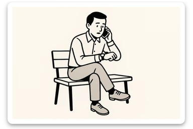 A man sitting on a bench, talking on the phone, glancing at his watch, minimal background. sticker