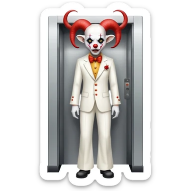 full-body demonic clown in a white leisure suit with bellbottom pants, bald, with black ram horns, wearing elevator shoes sticker