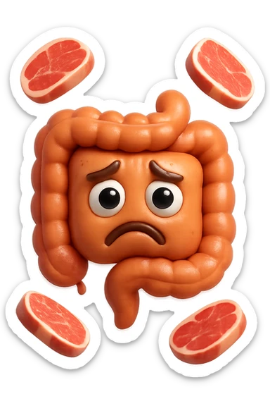 emoji stile iphone in 3d di un intestino triste con fette di carne che gli fluttuano intorno, gli occhi falli con la parte bianca pure, iperrealistico 4k sticker