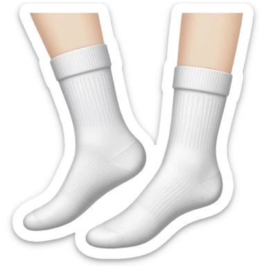 bottom view of two feet wearing white socks, showing soles sticker