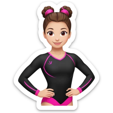 Happy female gymnast with brown hair in a neat bun, wearing a black uniform with neon pink elements. sticker