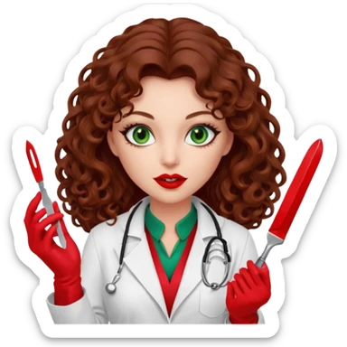Lilith symbol seductress evil woman. She has green eyes.  had brown long curly hair.  evil surgeon kills with scalpel wears red sexy doctor coat with red mouth cover red gloves sticker