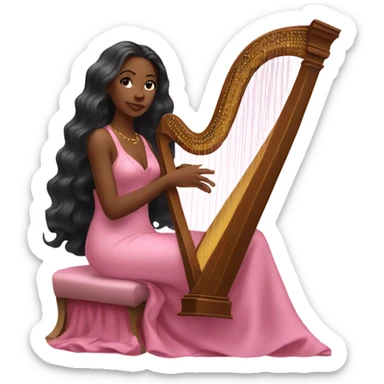 Pretty black women with long hair in a silk pink dress playing the harp sitting down sticker