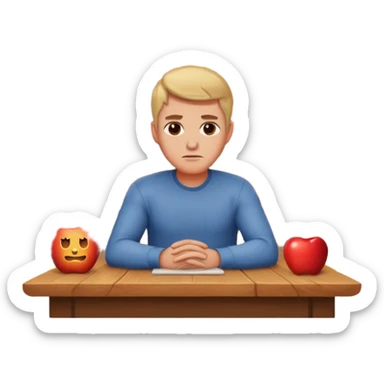 a man sits sadly at a table, a burning house with visible flames behind him, apple style emoji sticker