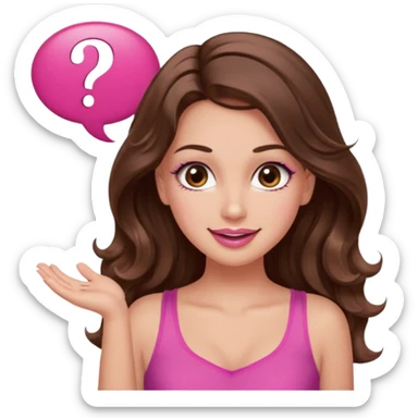 girl with long wavy brown hair, brown eyes, long lashes makeup, sexy pink lips, light to medium complexion, wearing a pink sexy top, shugging, smiling, question mark one speech bubble sticker
