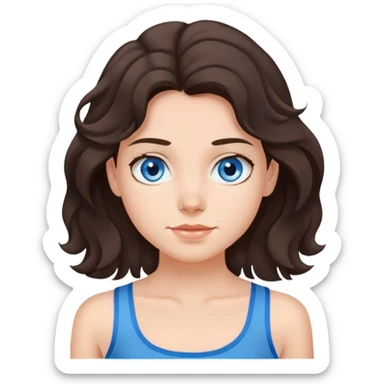 a girl with dark brown wavy hair just below her shoulders, with gray-blue eyes, in a blue tank top with thin straps sticker