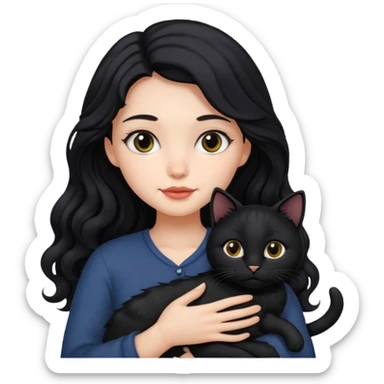Girl with black long wavy hair holding in her arms black cat sticker