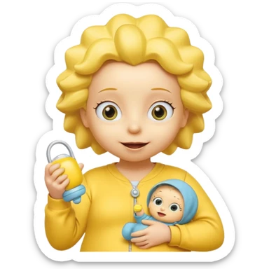 A 3D cartoon baby character fully yellow skin, styled like Maggie Simpson, with pacifier, yellow onesie, big eyes, smooth shading, Memoji-style rendering, consistent with other yellow Simpsons characters. sticker