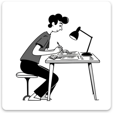 Edit the stick figure to be working on his designs, keep the same hand drawn doodle style. sticker