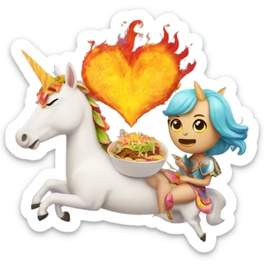 two women eating tacos, riding a unicorn, surrounded by a heart made of fire sticker