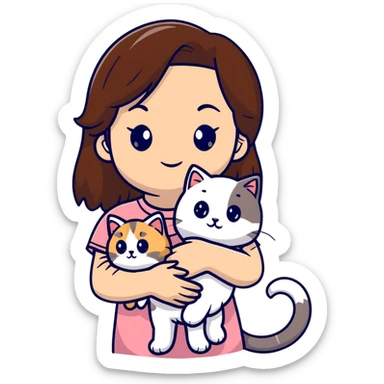 brown-haired girl holding a fluffy ragdoll cat sticker