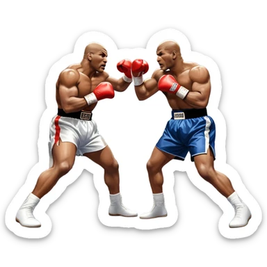 An intense boxing match between Mike Tyson and Evander Holyfield in the ring. Tyson is delivering a powerful uppercut, while Holyfield is poised for a counterattack. The background features a packed arena with bright lights and electrifying atmosphere. Transparent background sticker