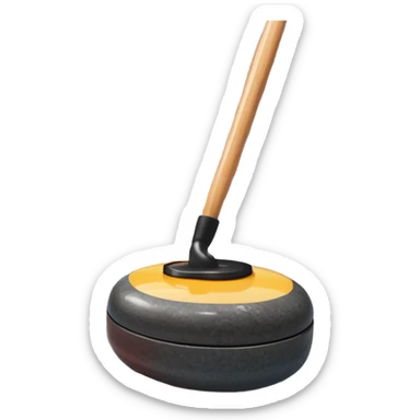 An icon featuring a curling stone in the foreground on an ice sheet with marked target circles. A curling broom rests nearby. In the background, a grand indoor stadium with bright lights and cheering fans. The ice reflects the vibrant colors of the surroundings. Transparent background. sticker