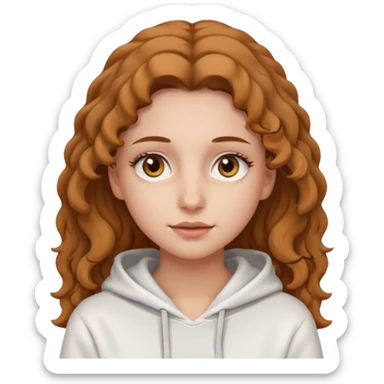 Una ragazza con una felpa semplice bianca,ha gli occhi marroni,i capelli marroni chiaro , c’è gli ha lunghi e ricci ma non troppo e ha le ciglia stile emoji apple sticker