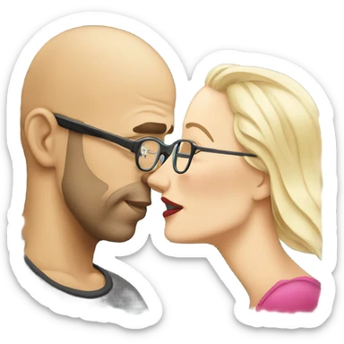 Bald man wearing glasses kissing a white blonde woman with long hair sticker
