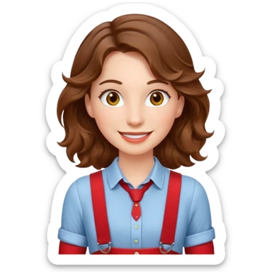 Woman with wavy brown hair and hazel eyes wearing red trouser suspenders  sticker