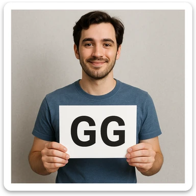 The person in the image is holding the GG sign with both hands in front of them, the person remains the same. sticker