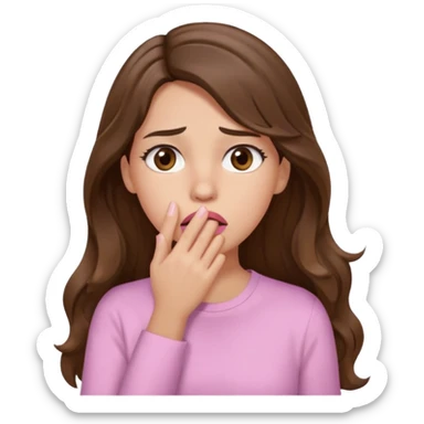girl with wavy long brown hair, brown eyes, light to medium complexion, long lashes, light pink lipstick, wearing light pink shirt, shocked, hand covering mouth sticker