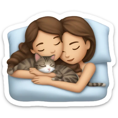brown haired girl sleeping with tabby brown cat in bed sticker