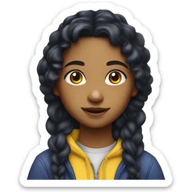 girl eating blueberries she has black hair and two braids. Her hair colour is black, but her texture of her hair is curly and wavy, and is middle eastern and she is wearing a yellow hoodie. sticker