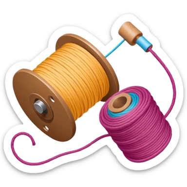 showing a hand neatly winding thread around a spool, yarn reel, or cable roll — showing the action of wrapping or coiling something around — smooth motion lines indicating circular movement, clean colorful emoji-style design sticker