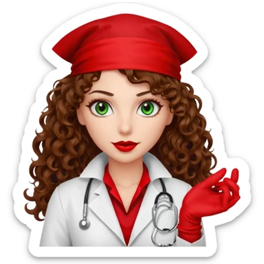 Spanish sexy evil woman. She has green eyes.  had brown long curly hair.  evil surgeon kills with needle wears red sexy doctor coat with red mouth bandana red gloves.  sticker