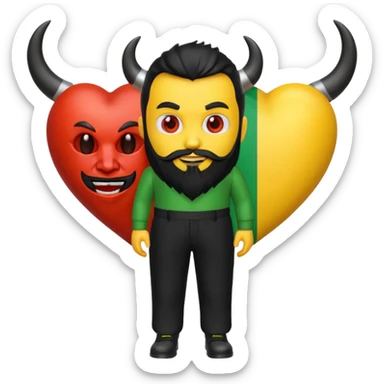 3D yellow heart emoji, devil face, full black beard, black horns and tail. Top: Italian flag. Bottom: Cornish flag trousers. Apple style, glossy, white background. sticker