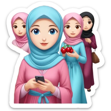 Turkish beautiful finish Konya girls blue eyes with lovely cherry blossom hijab long tail dress and the friends shopping in a market fruits sticker