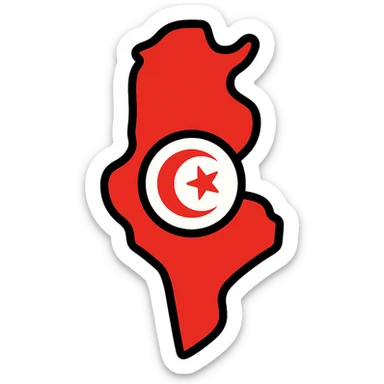 icon of Tunisia's map with a red and white color scheme, crescent and star sticker