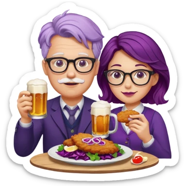 German man with glasses and woman with glasses eating schnitzel, red cabbage, potatoes, and drinking a beer sticker