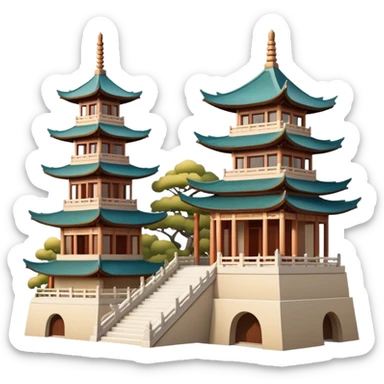 Traditional Chinese architecture with pagoda roofs, natural colors, balanced tones, classic emoji style sticker