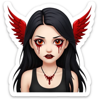 White woman with a white tank top long black hair glossy middle part long hair vamp look with fangs or blood dripping brown eyes eyeliner winged with lashes top and bottom sticker
