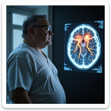 hyper-realistic medical CGI of an obese man in a clinical setting next to a brain scan showing inflamed hippocampus in red, shrunken prefrontal cortex, yellow lightning representing glucose spikes disrupting neural pathways, black clots as amyloid plaques, constricted blood vessels, 4K detailed sticker