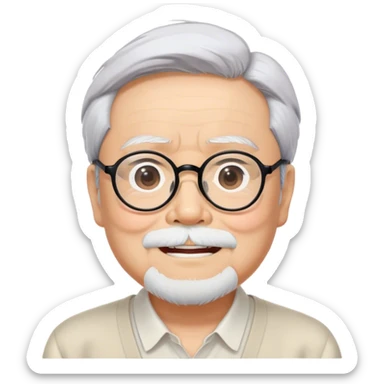 ​Cinematic Realistic Portrait of Hayao Miyazaki, depicted with defined black eyebrows, and large rectangular glasses, his happy expression rendered in lifelike detail, illuminated with soft, realistic lighting that emphasizes his creative genius, sticker